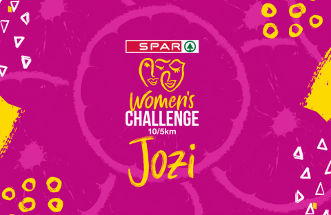 Bright pink poster with SPAR logo, stylized faces, and text: Womens Challenge 10/5km Jozi. Abstract yellow and white patterns decorate the background.