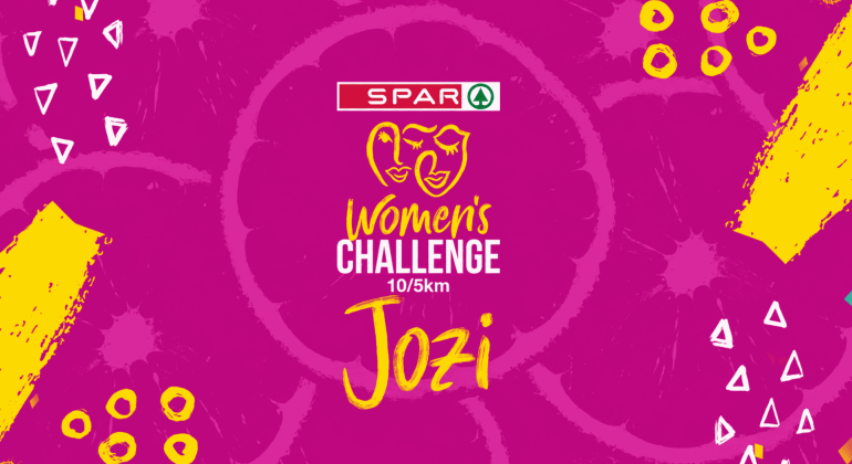 Bright pink poster with SPAR logo, stylized faces, and text: Womens Challenge 10/5km Jozi. Abstract yellow and white patterns decorate the background.
