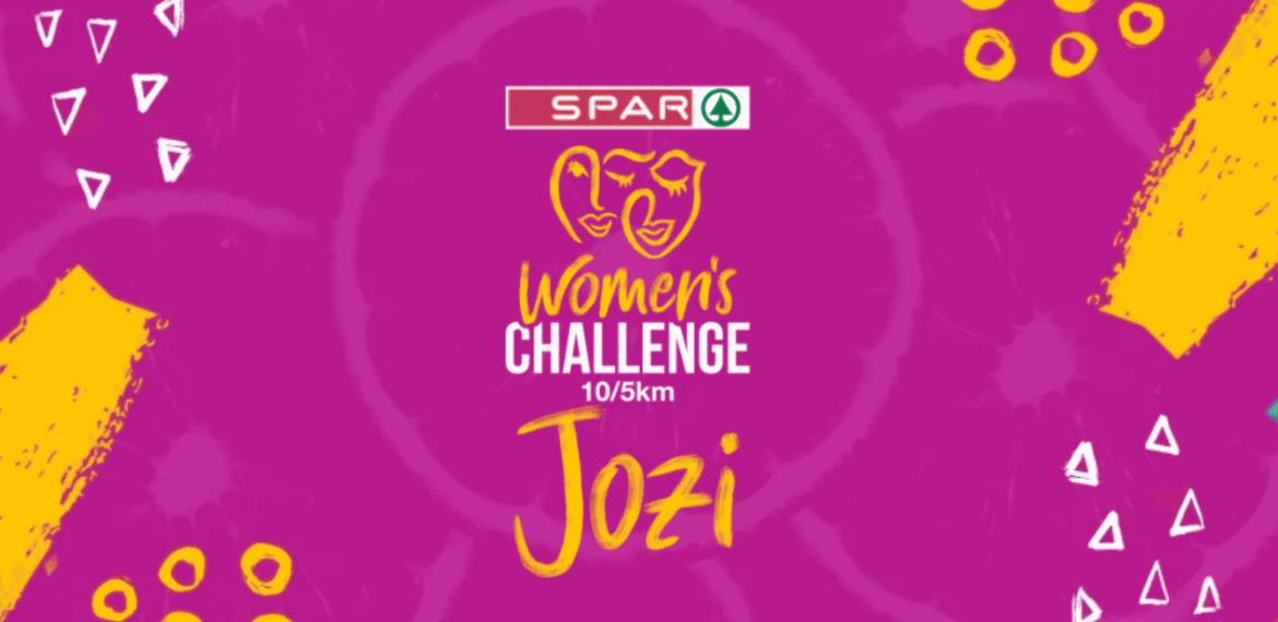 Pink background with yellow and white geometric patterns. Centered text reads, SPAR Womens Challenge 10/5km Jozi, with a stylized face logo above.