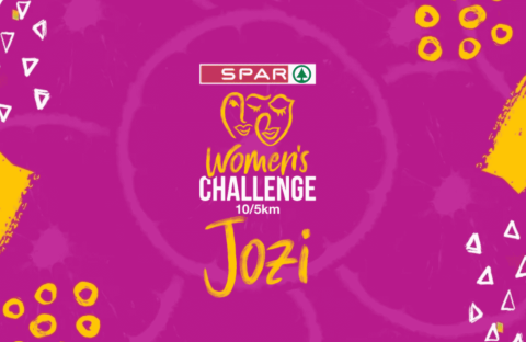 Pink background with yellow and white geometric patterns. Centered text reads, SPAR Womens Challenge 10/5km Jozi, with a stylized face logo above.