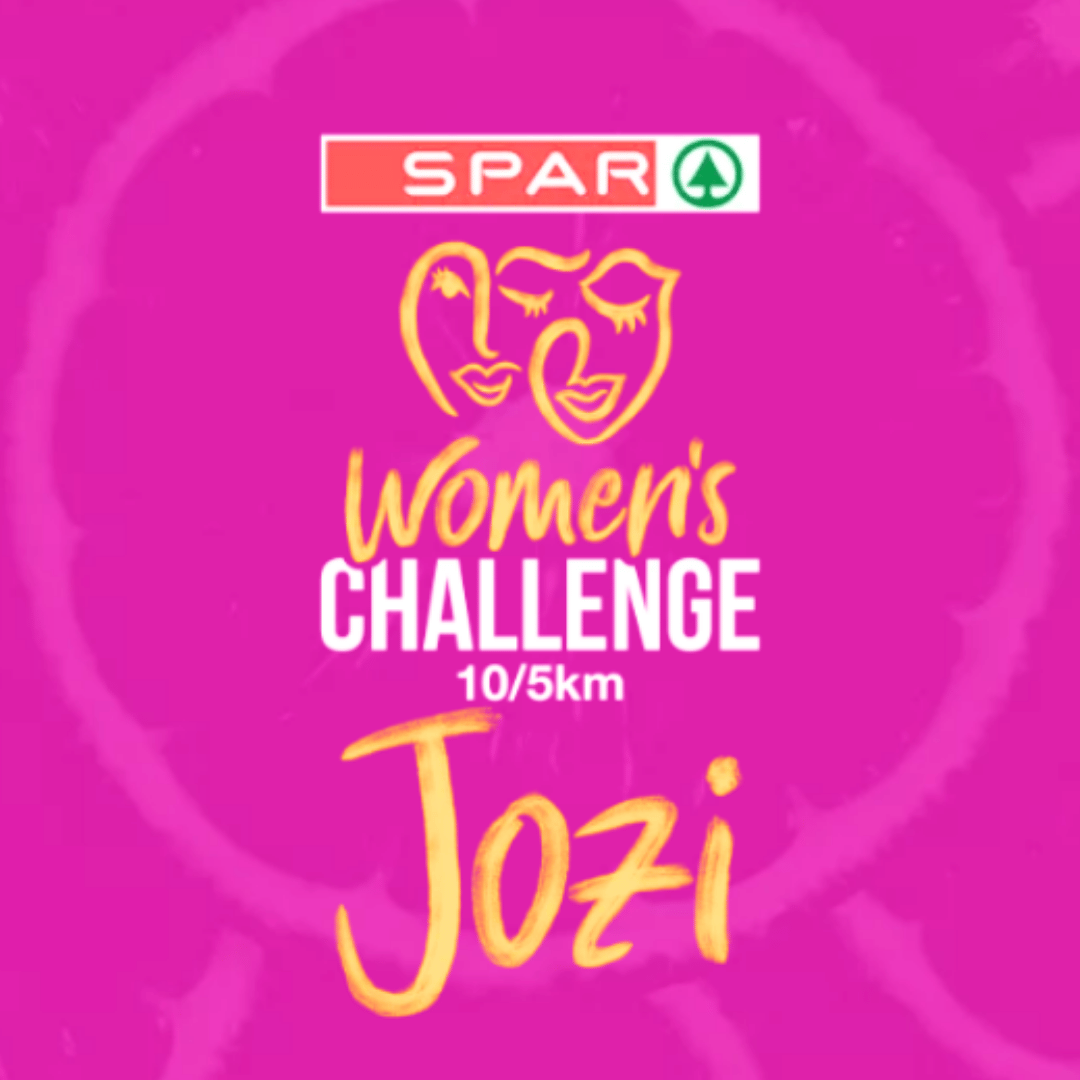 SPAR Womens Challenge 10/5km Jozi logo, featuring stylized faces and yellow text on a pink background.
