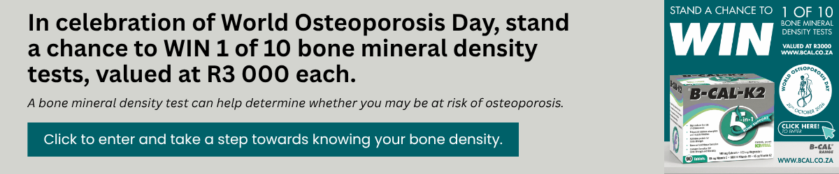 World Osteoporosis Day promotion to win one of ten bone mineral density tests valued at R3,000 each, with a link to enter and information about B-Cal-K2 supplement.