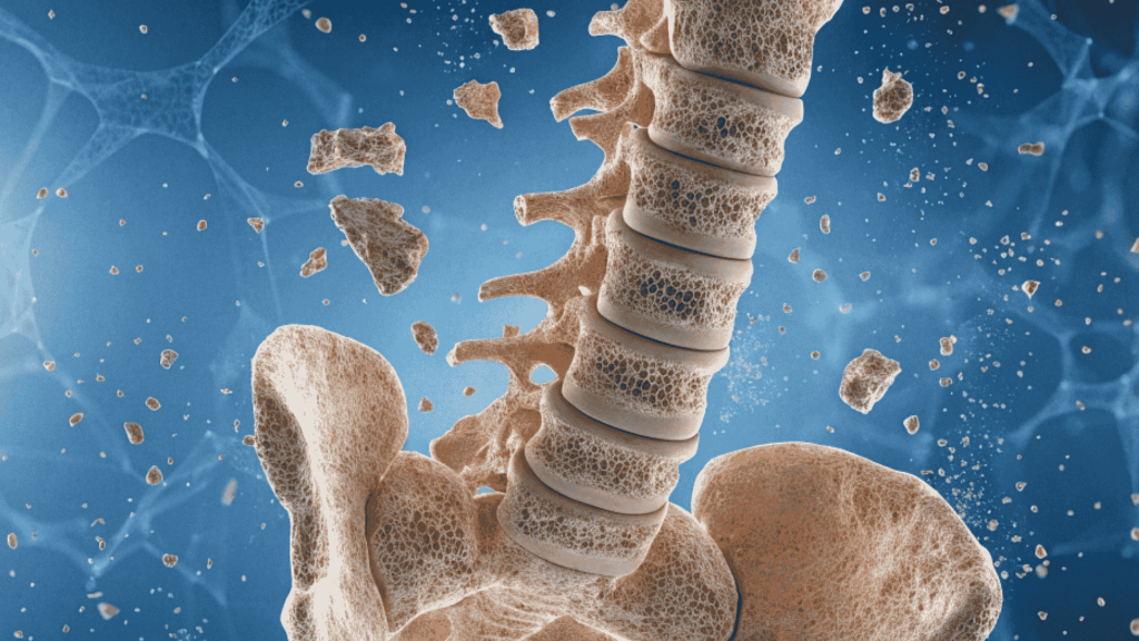A medical illustration of a human spine and pelvis showing porous, brittle bone structure with fragments breaking away.