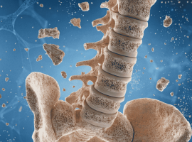 A medical illustration of a human spine and pelvis showing porous, brittle bone structure with fragments breaking away.