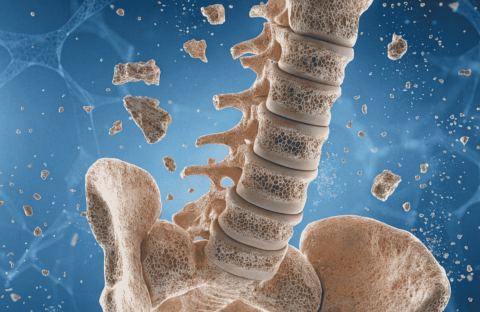 A medical illustration of a human spine and pelvis showing porous, brittle bone structure with fragments breaking away.