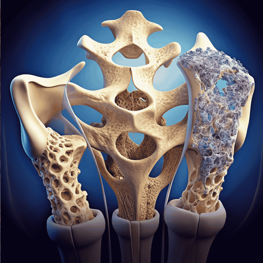 A medical illustration showing cross-sections of bones with varying degrees of porous, damaged, and degraded internal structure.