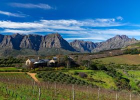 The Franschhoek Valley framed by the dramatic mountains of the Cape Winelands.