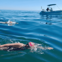 Two swimmers wearing swim caps swim in open, clear blue water near a small motorboat with two people onboard. The sky is clear and calm, and gentle waves ripple across the sea.
